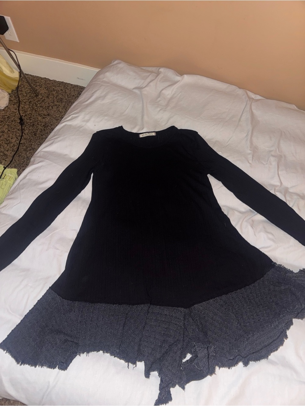 Free People Black Long Sleeve Mini Dress with Layered Hem